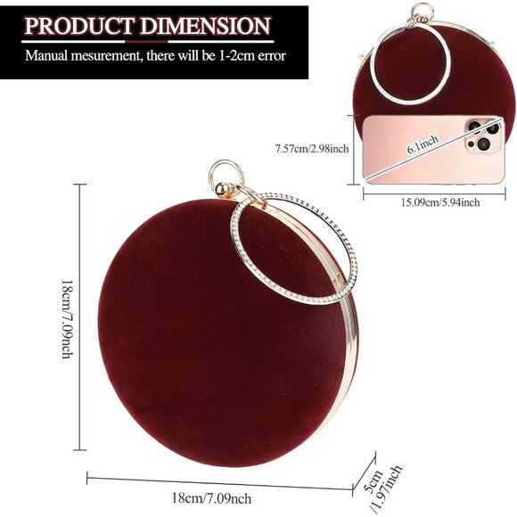 ⚡Women's Evening Cocktail Party Prom Selighting Round Velvet Red Clutch Bag - Picture 4 of 7